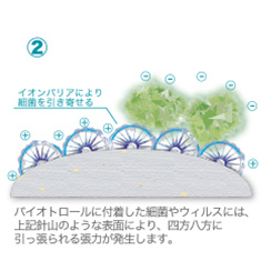 バイオトロールに付着した最近やウィルスは上記針山のような表面により、四方八方に引っ張られる張力が発生します。